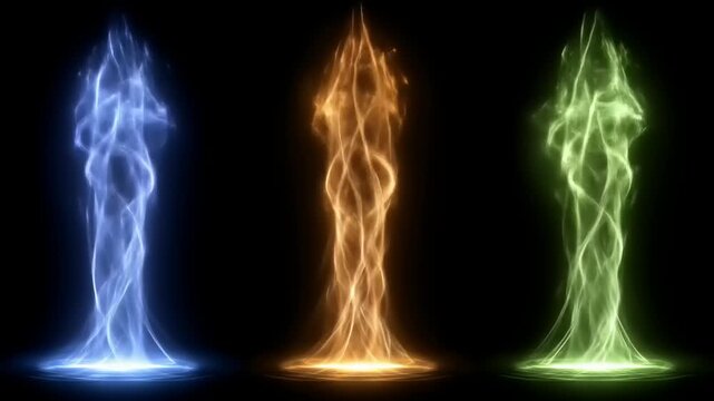 Abstract colorful glowing energy columns on black background