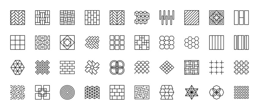 Geometric pattern line icon set. Vector pictograms of floor tiles, parquet, brick wall, paving stones, mosaic, wood texture, abstract shapes, thin outline illustration.