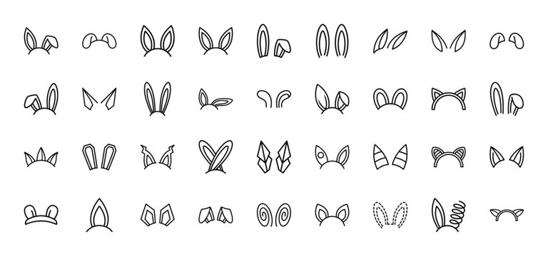 Animal costume ears line icon set. Vector pictograms of rabbit, cat, bear, dog, devil, alien and monster headbands, thin outline illustration.