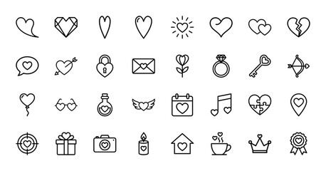 Love and romance line icon set. Vector pictograms of hearts, cupid arrow, wedding ring, broken heart, love letter, balloon, calendar and key, thin outline illustration.