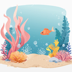 2D playful underwater scene with pink kelp, orange fish, coral, and blue water with bubbles. Generative AI