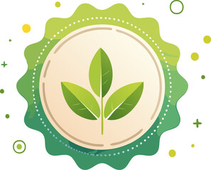 Minimalist green eco-friendly badge with three leaves in a circular seal, isolated on white. Generative AI