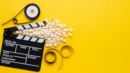 Lights, Camera, Action! Cinema's Delicious Elements: A clapperboard, film reel, and popcorn come together on a vibrant yellow backdrop, setting the stage for the cinematic experience. 