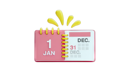3D calendar shows January 1st and December 31st on transparent background