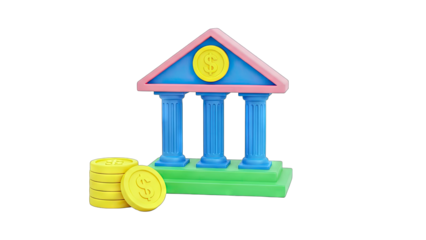 3D cartoon bank building with dollar coins on transparent background