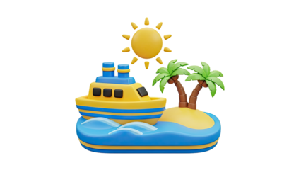 3D Cute boat with tropical island and sun on transparent background