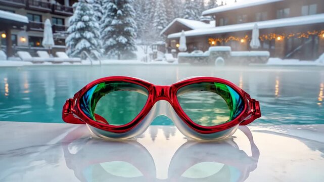Clean wide shot of specialized festive red and green swimming goggles resting on the slick white edge of an immaculate resort pool ready for winter fitness aquatic, new year, commercial
