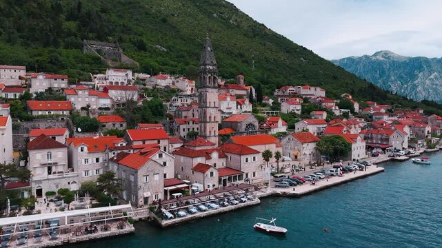 Perast Town aerial view in Kotor Bay in Montenegro