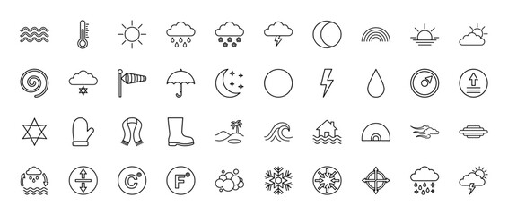 Fototapeta premium Weather line icon set. Vector pictograms of thermometer, sun, rain, cloud, lightning, umbrella, moon, rainbow, wind, snow and seasons, thin outline illustration.
