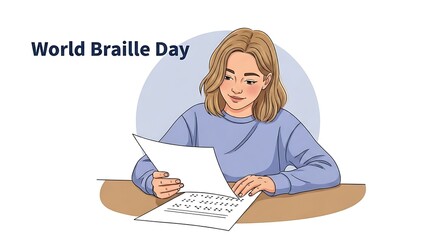 Woman Reading Braille Document Illustration
