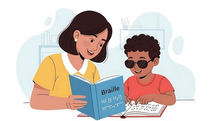 Child Reading Braille with Teacher Illustration

