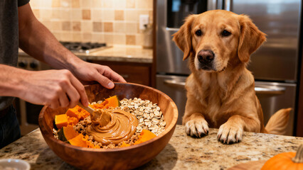 Dog Watching Person Prepare Healthy Meal with Bowl of Oats and Pumpkin in Kitchen