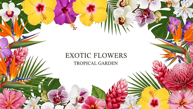 Tropical exotic flowers and palm leaves border nature