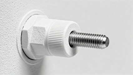 Close-Up of a White Metal Bolt and Coupling on a Clean Wall Background