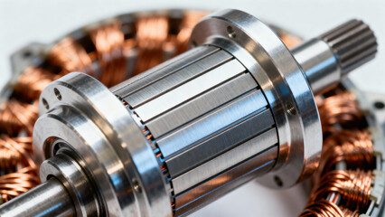 Close-up View of Electric Motor Parts with Copper Windings and Steel Components