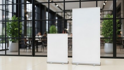 Modern Business Meeting Setup with Blank Roll-Up Banners in Elegant Office Space
