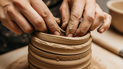 Creative pottery artist forming a clay pot with bare hands closely