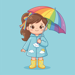 Cute Cartoon Girl Holding a Rainbow Umbrella.