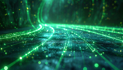 Data Stream Highway: A mesmerizing visual of data streams flowing dynamically along an urban pathway. Green light emitting represents the fast data and its connection. 