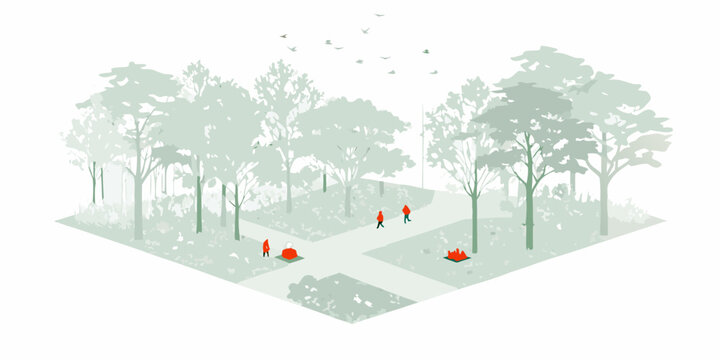 Isometric illustration of a park with trees paths and people walking