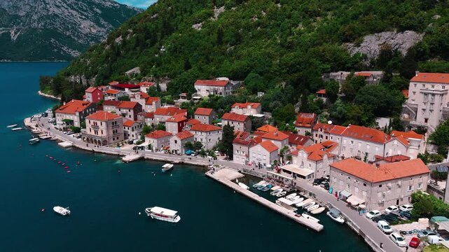 Perast Town aerial view in Kotor Bay in Montenegro