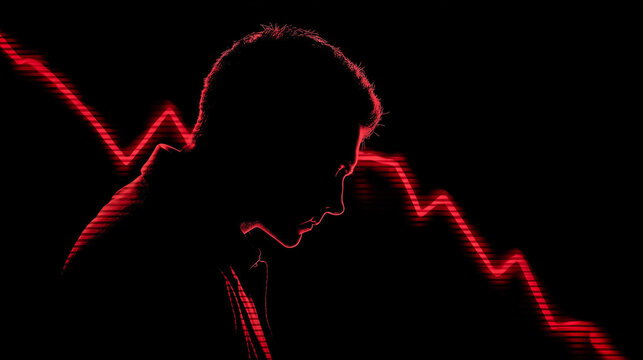 Concept of a human silhouette and falling line symbolizing market risk and crisis