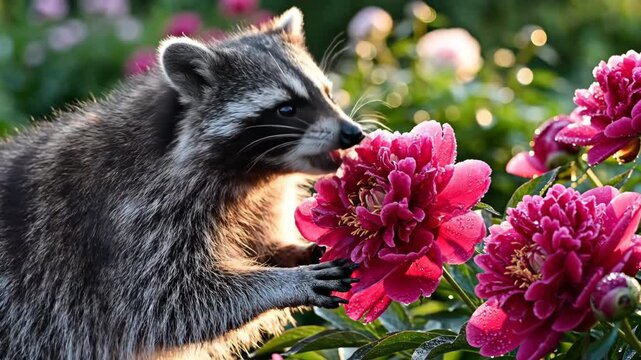 Curious nocturnal raccoon investigating and sniffing bright pink and red peony blossoms in a natural garden setting during the early morning light vibrantcolors, outdoors, curiousnocturnalraccoon