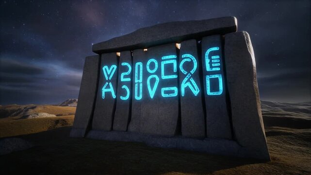Mysterious Megalithic Structure Adorned with Luminous Extraterrestrial Script Under a Starry Night Sky, Hinting at Forgotten Civilizations