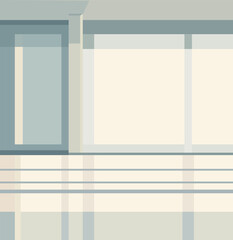 Minimalist architectural illustration of a building with geometric shapes and a muted color palette