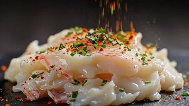 Fresh raw white fish fillet seasoned with red spices and green herbs on dark slate background culinary preparation close up view