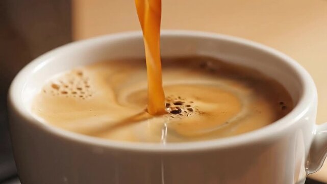 Fresh Dark Coffee Pouring into White Ceramic Mug Closeup Beverage Preparation Caffeine Drink Aroma Warmth Espresso Preparation