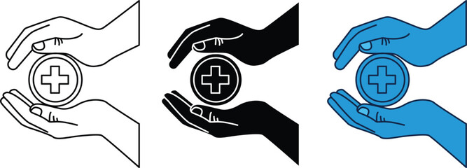 Health or medical care symbol two hands gently cradle a round object with a medical cross