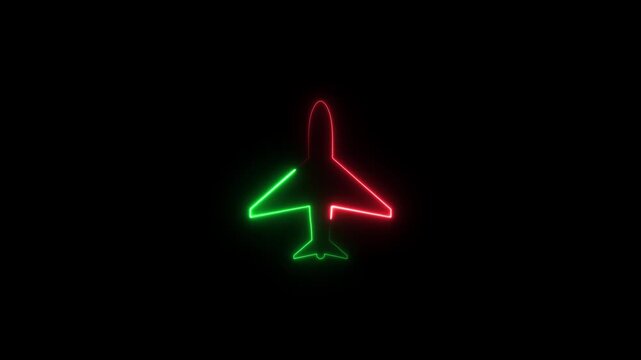 Neon rocket and air plane icon isolated on black background. plane icon, flay icon animation concept,Airplane flight neon sign.4k video.