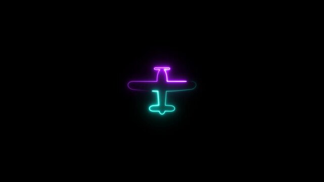 Neon rocket and air plane icon isolated on black background. plane icon, flay icon animation concept,Airplane flight neon sign.4k video.