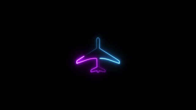 Neon rocket and air plane icon isolated on black background. plane icon, flay icon animation concept,Airplane flight neon sign.4k video.
