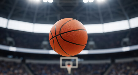 Basketball Suspended Mid-Air during Game Action in Indoor Stadium, Sports Photography Capturing Dynamic Moment with Blurred Crowd Background