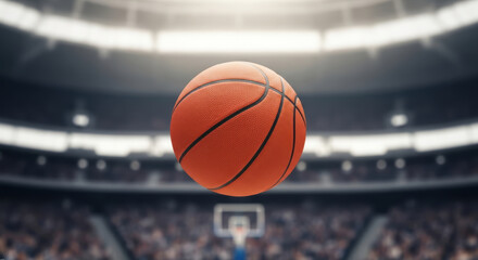 Basketball in Midair Action, Basketball Game, Indoor Stadium, Sports Photography, Dynamic Viewpoint, Competitive Sport Environment