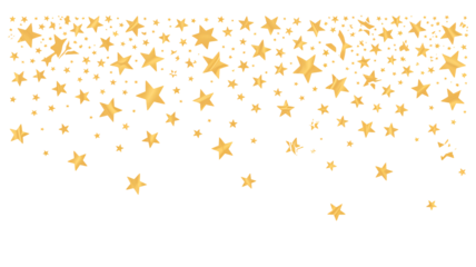 Golden stars in festive celebration with bright warm lighting on transparent background for party invitation
