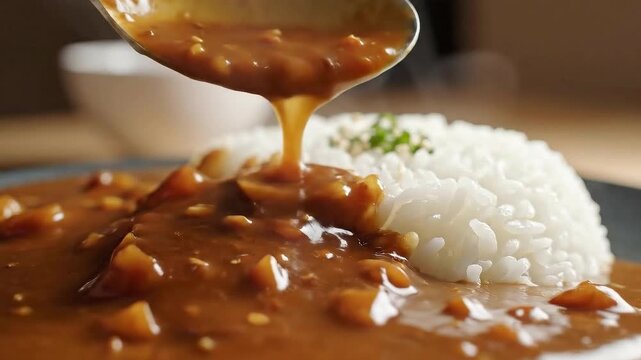 Golden Curry Sauce Pouring Over White Rice on Blue Plate Close Up Shot Delicious Japanese Curry Meal Japanese Cuisine Cooking