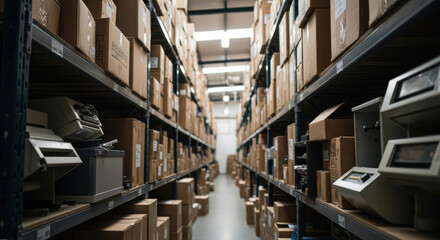 Organized warehouse aisles with stacked cardboard boxes on high metal shelves, indoor storage facility, industrial environment, perspective view, logistics concept