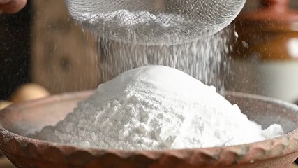 Closeup shot of a hand sifting fine white flour through a metal sieve into a traditional rustic clay bowl creating a fluffy mound of essential baking ingredient perfect for preparing delicious homema.