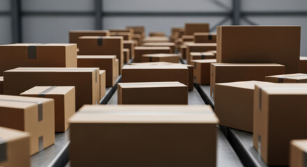 Moving Sealed Brown Cardboard Boxes on Conveyor Belt in Warehouse Environment with Focused Close-Up View for Efficient Logistics