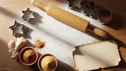 Christmas Vibes - Top-down baking scene: flour dust, rolling pin, cookie cutters, ginger, cinnamon, brown sugar
