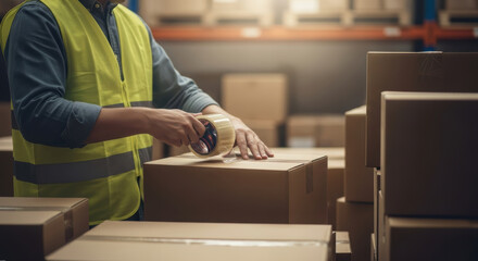 Packing and Sealing Cardboard Boxes in Warehouse Facility, Worker Preparing Shipments, Industrial Environment, Close-up View, Logistics Workflow