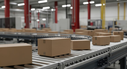 Automated Package Sorting in Modern Warehouse with Conveyor Belts and Cardboard Boxes Industrial Facility Interior View