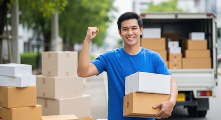 Delivery worker holding package with open cargo truck full of boxes in urban environment smiling from front viewpoint, business logistics concept