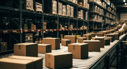 Overhead view of automated conveyor belt sorting multiple cardboard boxes in large warehouse logistics facility with industrial shelving