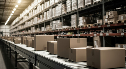 Organized Cardboard Boxes Moving on Conveyor Belt in Large Warehouse Storage Facility Eye-Level View Industrial Packaging Workflow