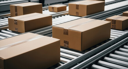 Automated conveyor system moving multiple unbranded cardboard boxes in warehouse environment medium eye-level shot logistics packaging