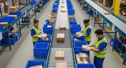 Packaging process with three workers inspecting boxes on conveyor belt inside large warehouse industrial facility, wide-angle view, bright environment